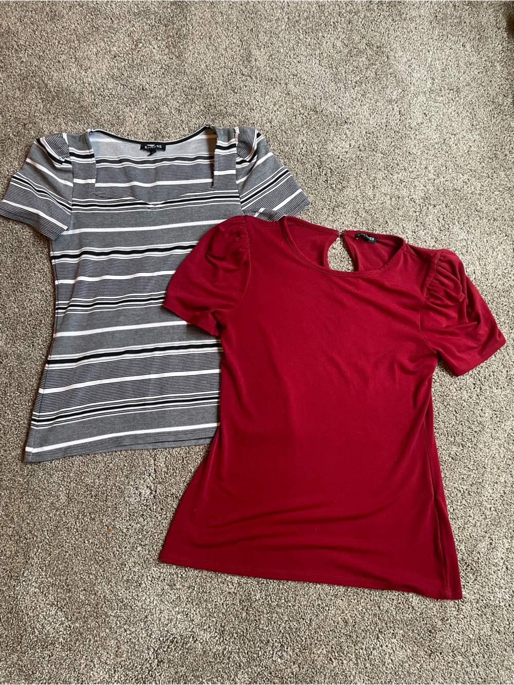 Express Women Tops Medium- Burgundy Solid Tee & Gray Striped Square-Neck Tee